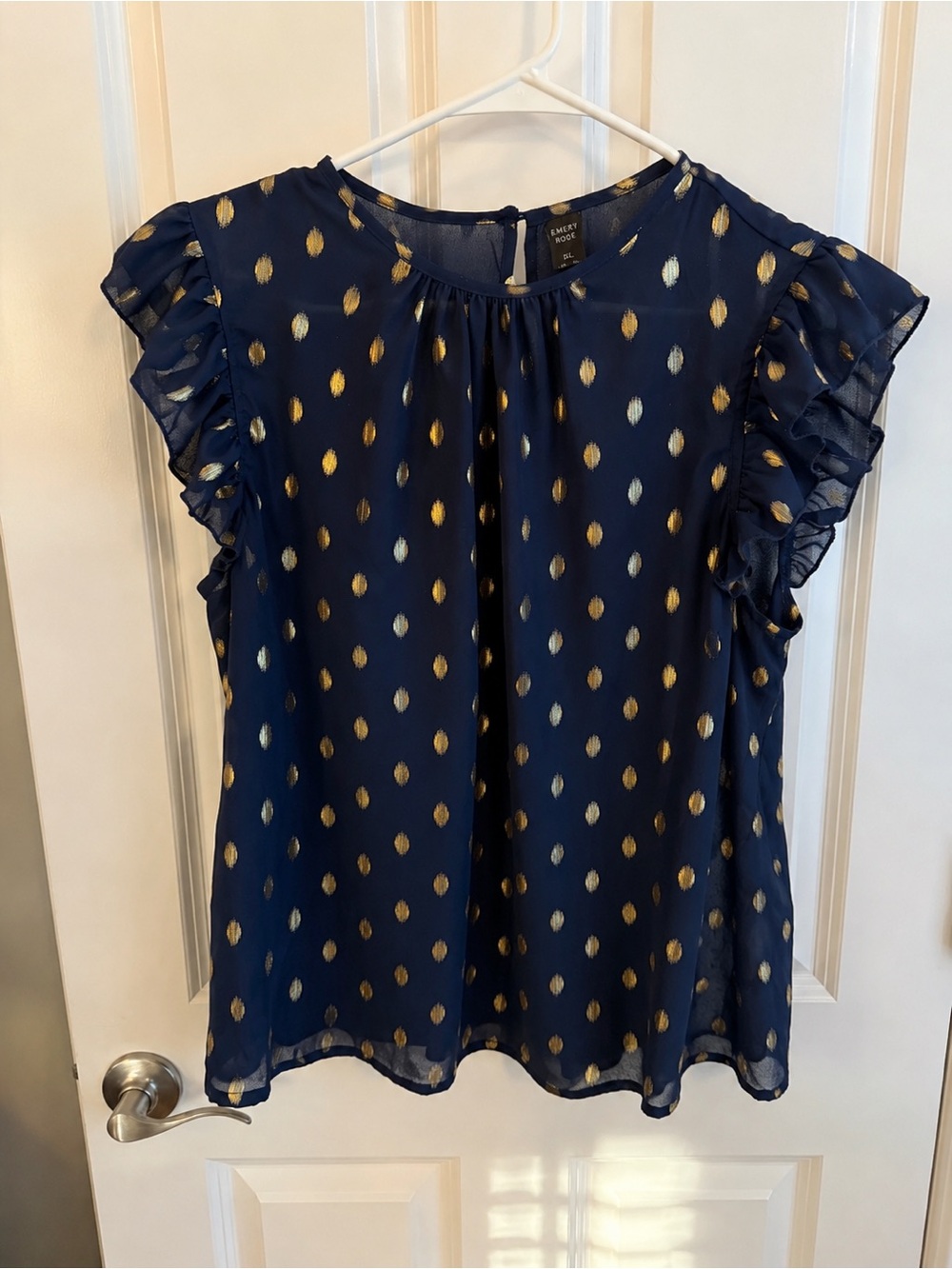 SHEIN Navy Blouse with Gold Metallic Dot Print and Ruffle Sleeves